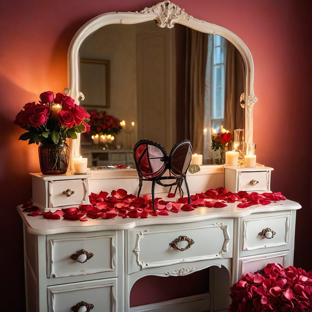 An elegant and intimate scene featuring luxurious lingerie displayed on a vintage dresser with delicate rose petals scattered around, soft candlelight creating a warm and romantic ambiance. Include a hint of a mirror reflecting the lingerie set, and a beautiful satin ribbon cascading over the side. super-realistic. vibrant colors. warm light.